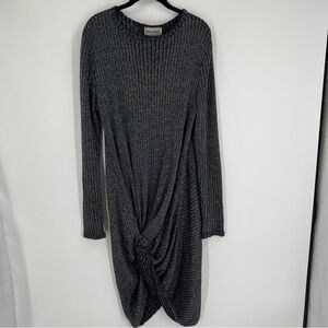 Salome Women’s Long Sleeve Ribbed Knit Tie Knot Midi Silver and Black Dress L